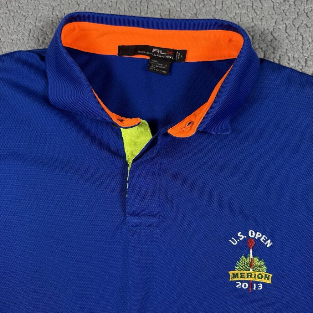 RLX‎ Ralph Lauren Polo Shirt Mens Large Blue Short Sleeve 2013 US Open Marion⛳ - Picture 4 of 10